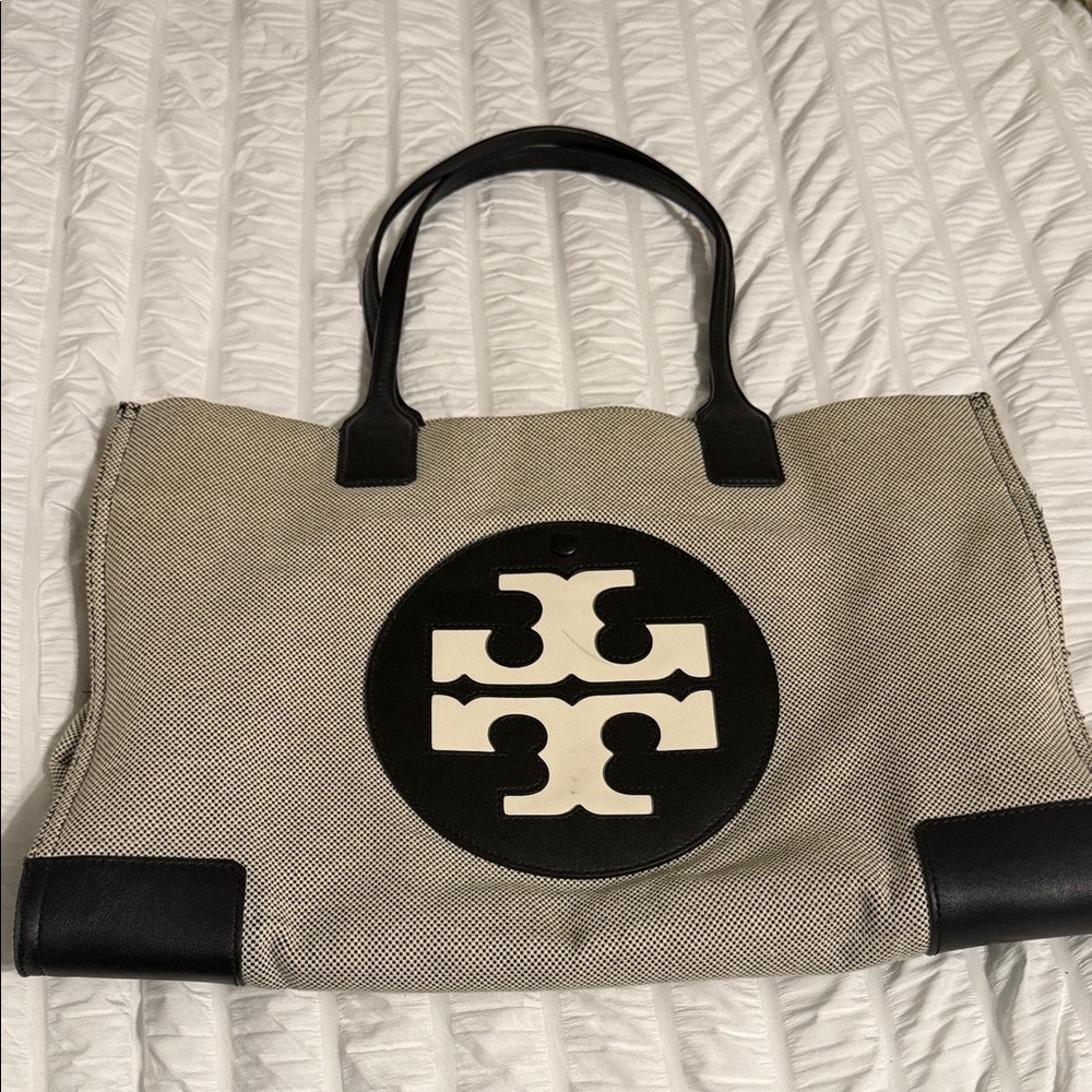 Tory Burch Black and Cream Logo Tote